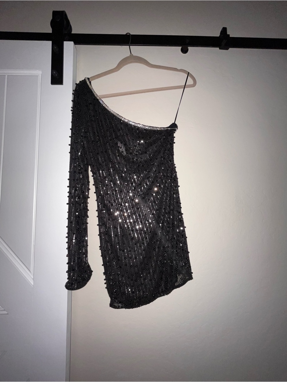 Black One-Shoulder Sequin & Beaded Evening Tunic